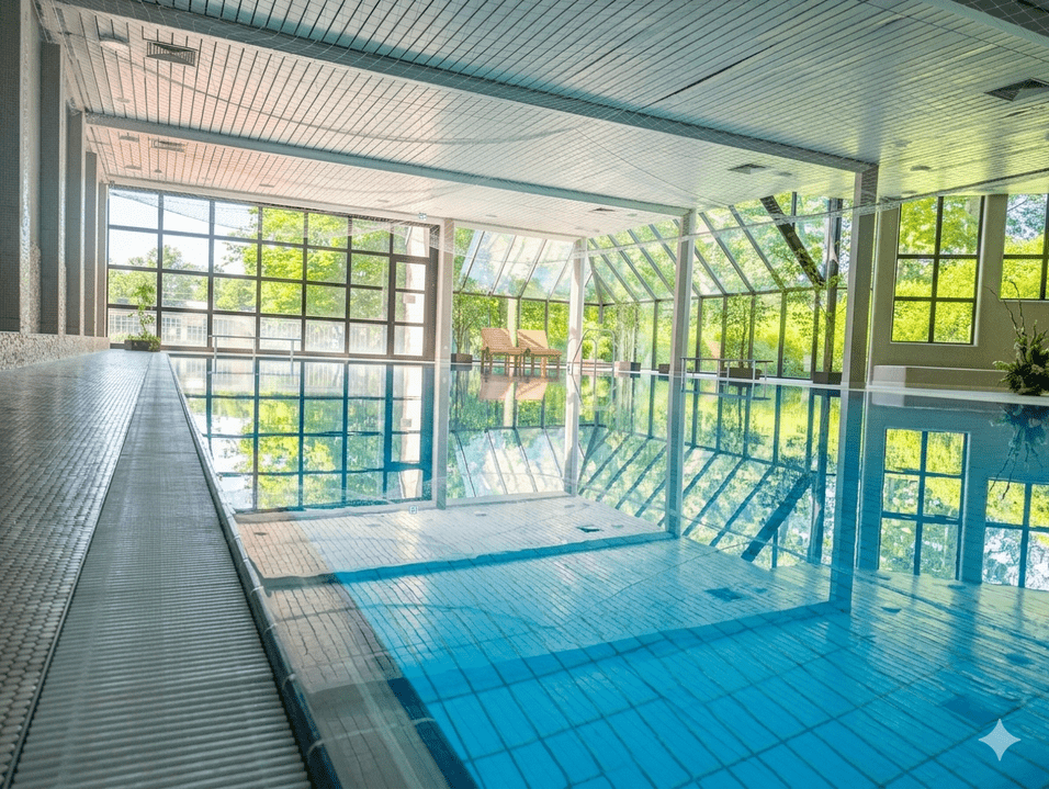 Schwimmbecken und Blick durchs Fenster nach Drau&szlig;en