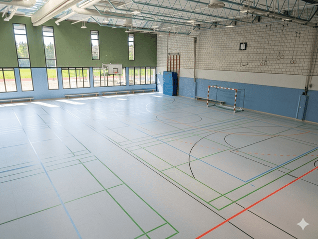 Dreifach-Sporthalle mit Spielfeldmarkierungen